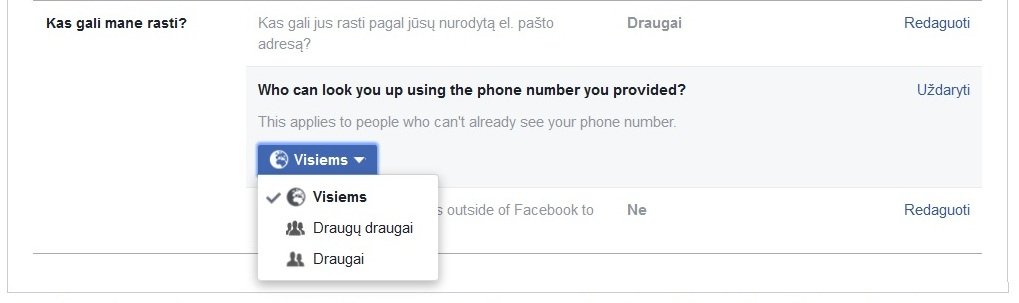 „Facebook“ neturi funkcijos, kuri neleistų matyti jūsų telefono numerio